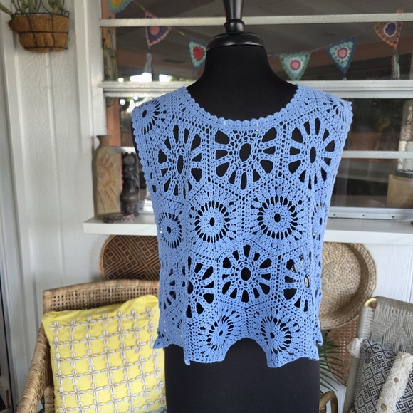 Cupshe Small Blue Crochet Tank Top Vacation Boho Chic Bohemian Sheer Knit - Picture 4 of 11